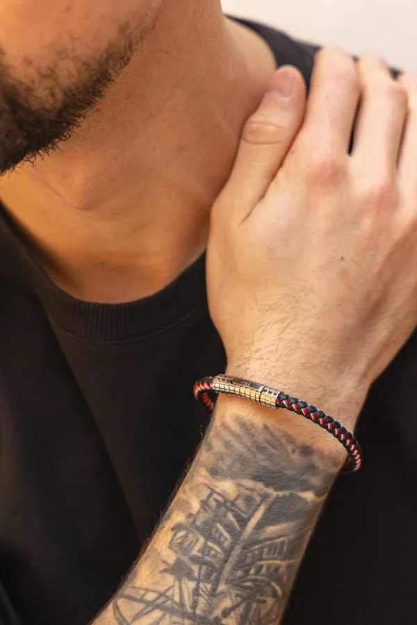 Armband Leder und Textiö rot, weiß, blau 21cm + Verlängerung