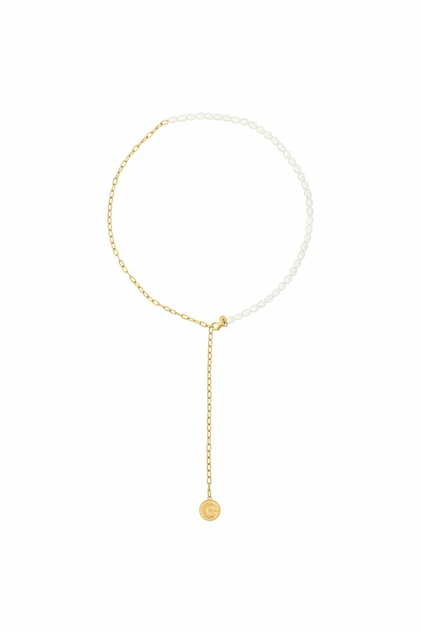 Collier 925 Silber vergoldet Y-Kette Perlen Münze Sonne Mond