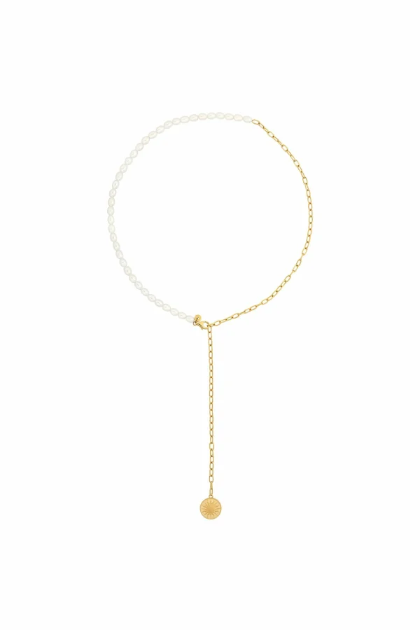 Collier 925 Silber vergoldet Y-Kette Perlen Münze Sonne Mond