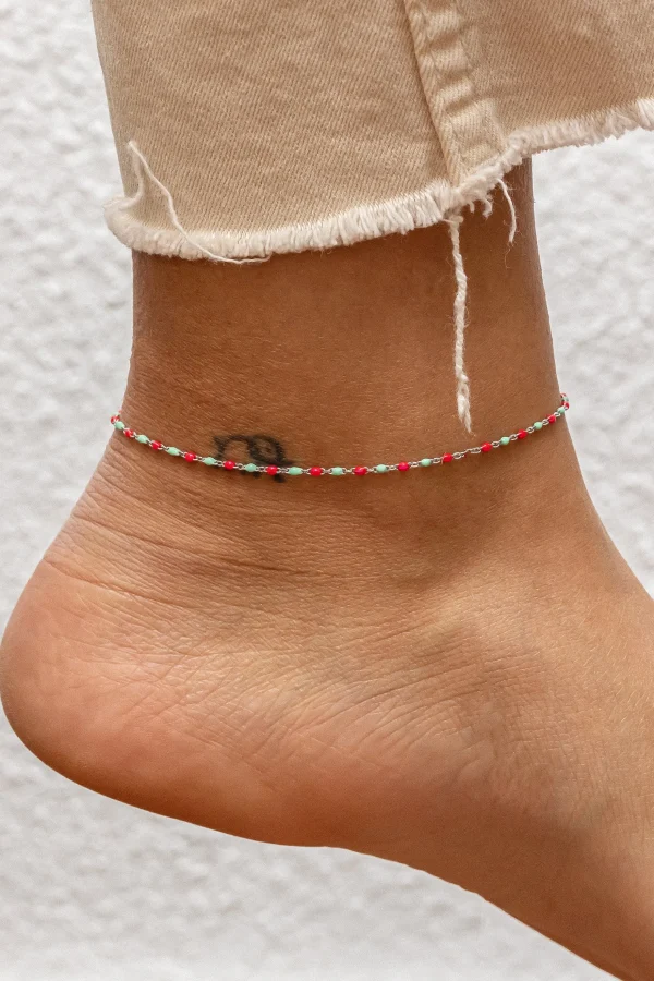Fußkette 925 Silber rhodiniert Email in pink und türkis