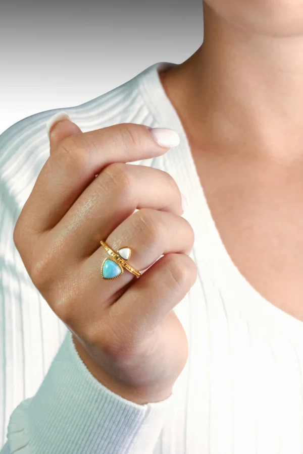 Ring 925 Silber vergoldet Dreiecke Amazonit & weißer Achat