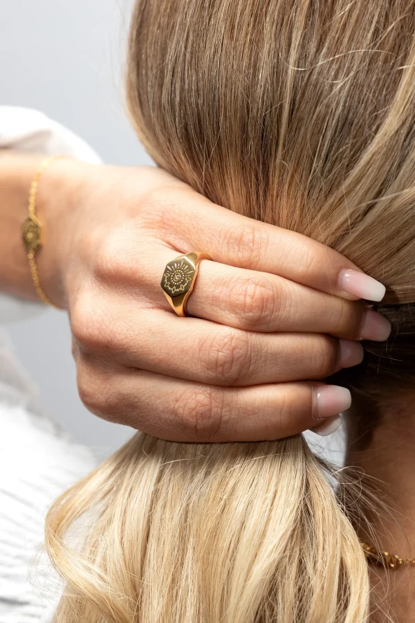 Ring 925 Silber vergoldet Siegelring Hexagon Tattoo