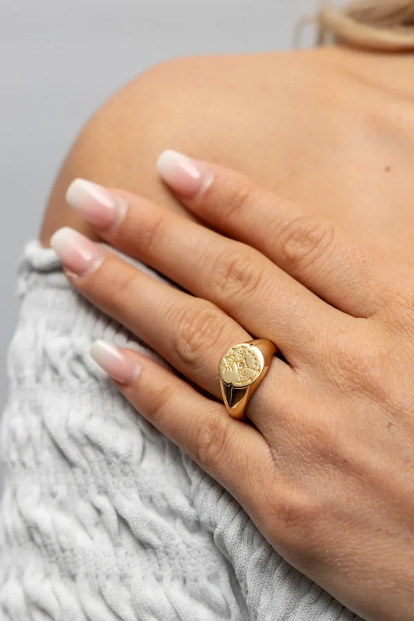 Ring 925 Silber vergoldet Siegelring rund Tattoo