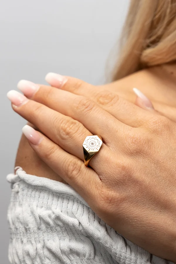 Ring 925 Silber vergoldet Siegelring Hexagon Tattoo