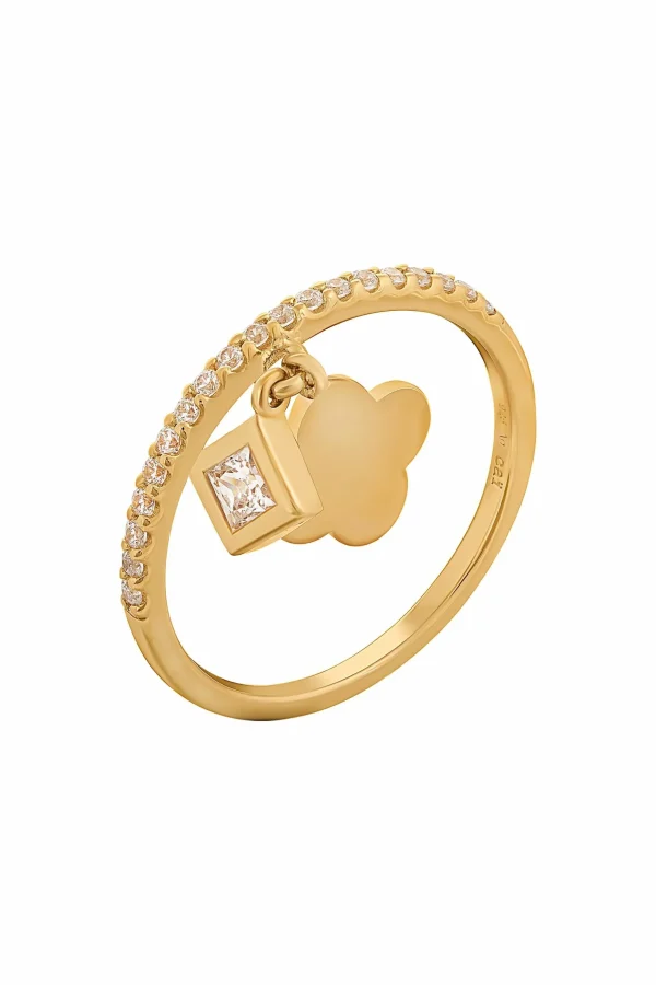 Ring 925 Sterling Silber gelb vergoldet mit Anhängern Kleeblatt Zirkonia