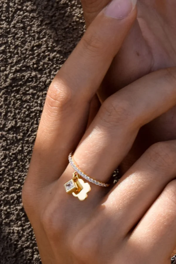 Ring 925 Sterling Silber gelb vergoldet mit Anhängern Kleeblatt Zirkonia