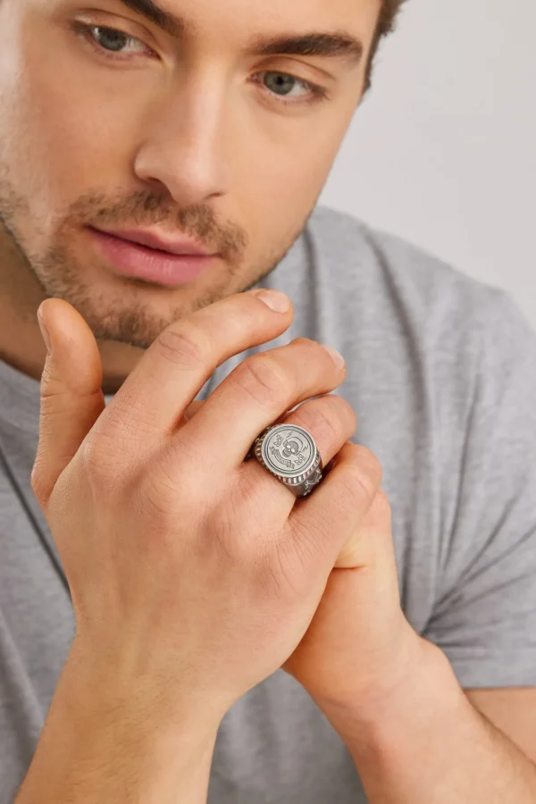 Ring 925/- Sterling Silber Siegelring matt oxidiert Rock Music Skull